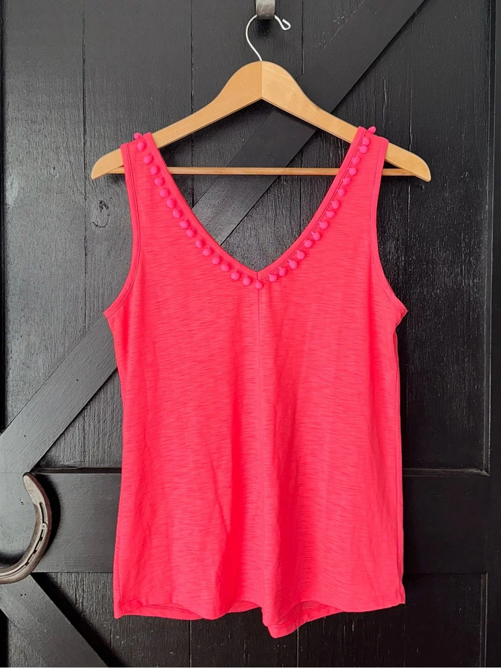 Lilly Pulitzer Hot Pink Gigi Pom Pom V-Neck Cotton Slub Knit Tank M - Picture 5 of 7